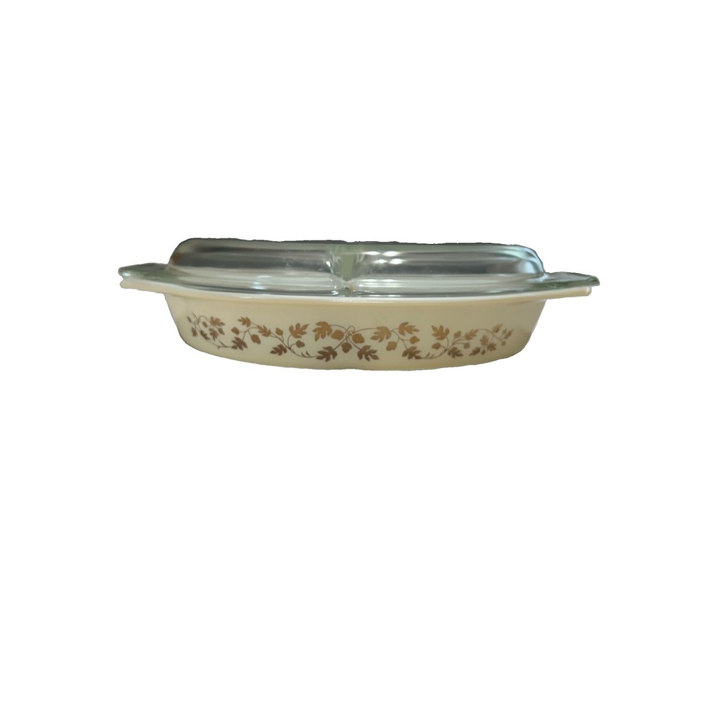 Vintage Pyrex Golden Acorn Divided Casserole Milk Glass Dish 1 1/2 Quart W/ Lid